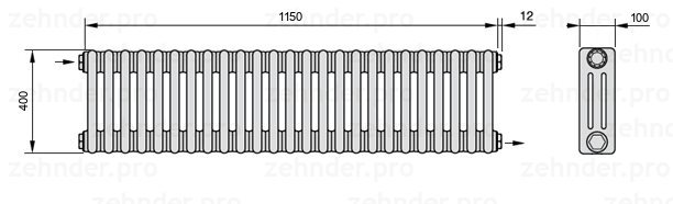 Схема (чертеж) Радиатор Zehnder Charleston 3040/25 №1670 Белый глянцевый RAL 9016